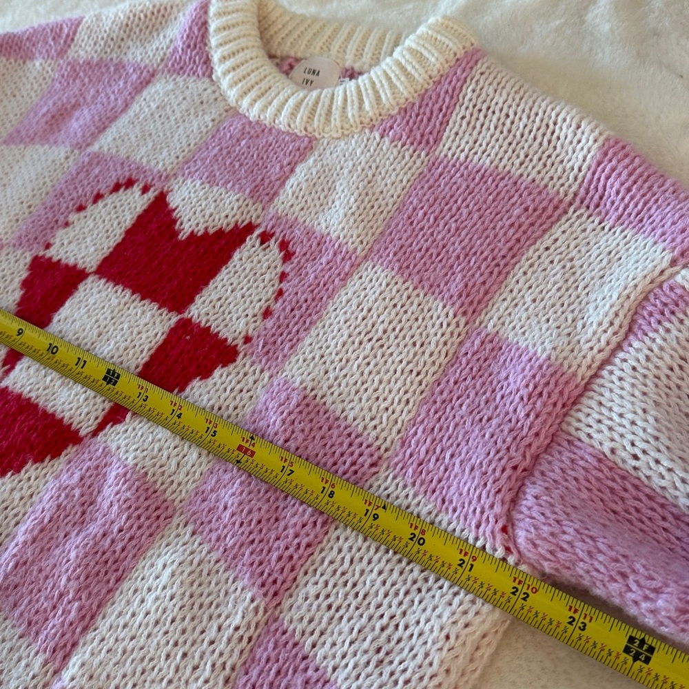 Luna Ivy Pink & White Crochet Checkered & Heart Sweater, Puff Sleeves, Cozy Soft - Picture 13 of 15